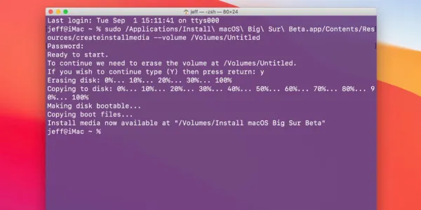 Quá trình tạo USB cài đặt macOS Big Sur đang diễn ra trong Terminal
