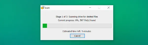 Recuva đang trong quá trình quét và tìm kiếm dữ liệu