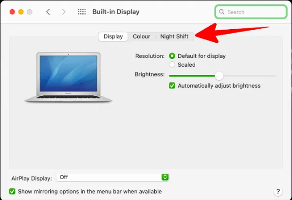 Tab Night Shift trong cửa sổ Built-In Display