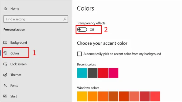 Tắt hiệu ứng Transparency effects trong Windows
