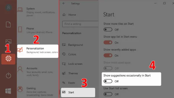 Tắt quảng cáo Start Menu