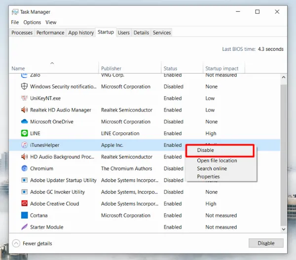 Tắt ứng dụng khởi động cùng Windows trong Task Manager
