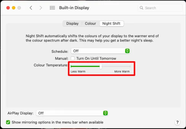 Thanh trượt điều chỉnh độ ấm màu Night Shift