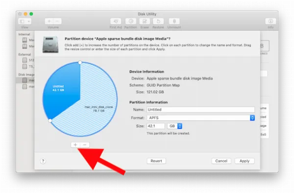 Thao tác nhấn nút tạo phân vùng mới trong Disk Utility