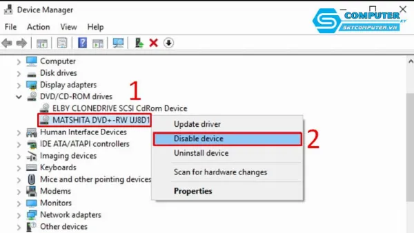 Thao tác vô hiệu hóa trình điều khiển ổ đĩa CD/DVD trong Device Manager