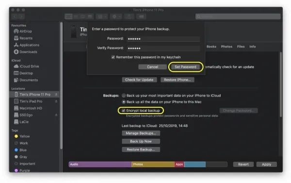 Thiết lập mật khẩu mã hóa cho bản sao lưu thiết bị iOS
