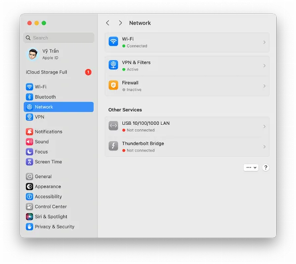 Tìm và chọn Thunderbolt Bridge trong danh sách các kết nối mạng