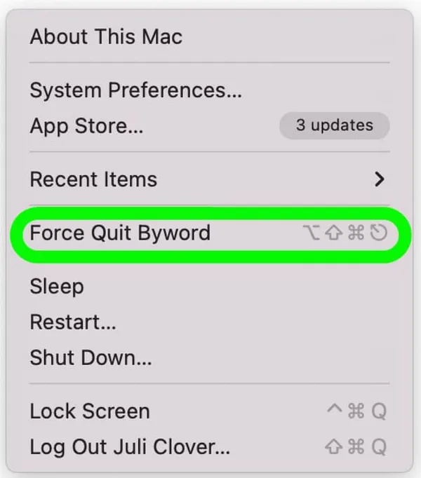 Tùy chọn Force Quit trong menu Apple