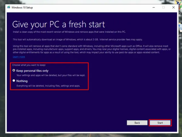 Tuỳ chọn giữ lại hoặc xoá tấ cả dữ liệu khi Fresh start