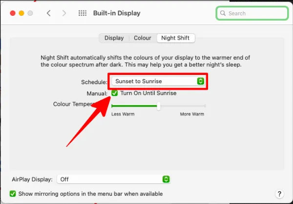 Tùy chọn Sunset to Sunrise