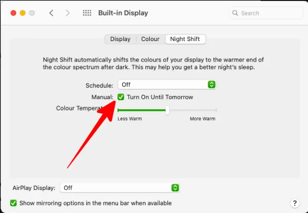 Tùy chọn Turn On Until Tomorrow