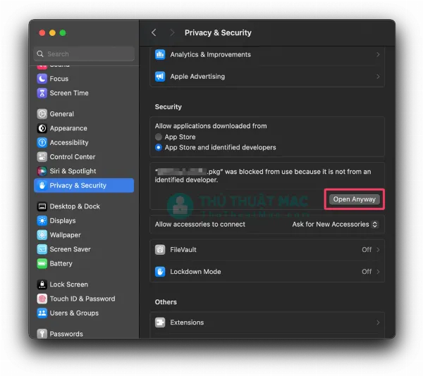 Tùy chọn Vẫn mở (Open Anyway) trong Cài đặt hệ thống macOS