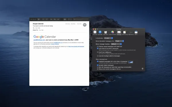 Ứng dụng Mail khi bật Use dark backgrounds for messages