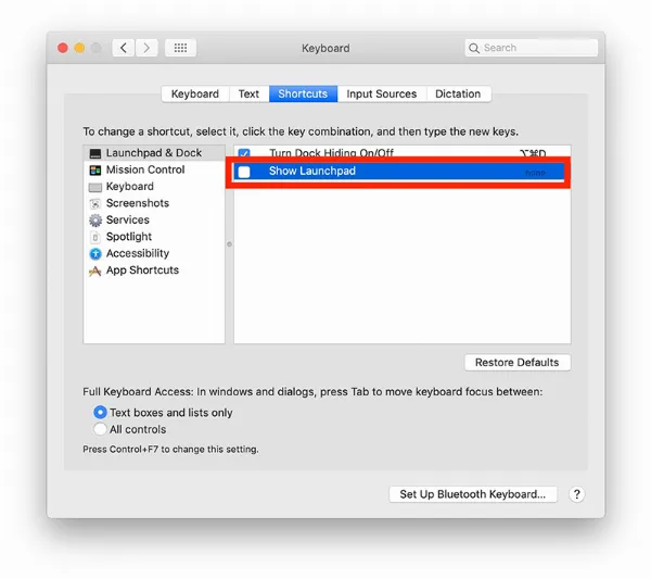 vô hiệu hóa phím tắt mở launchpad