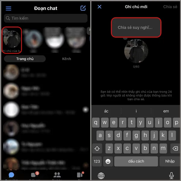 alt: Ảnh chụp màn hình điện thoại hiển thị giao diện chính của ứng dụng Messenger. Phần trên cùng có dòng chữ "Ghi chú của bạn" kèm theo biểu tượng dấu cộng.
