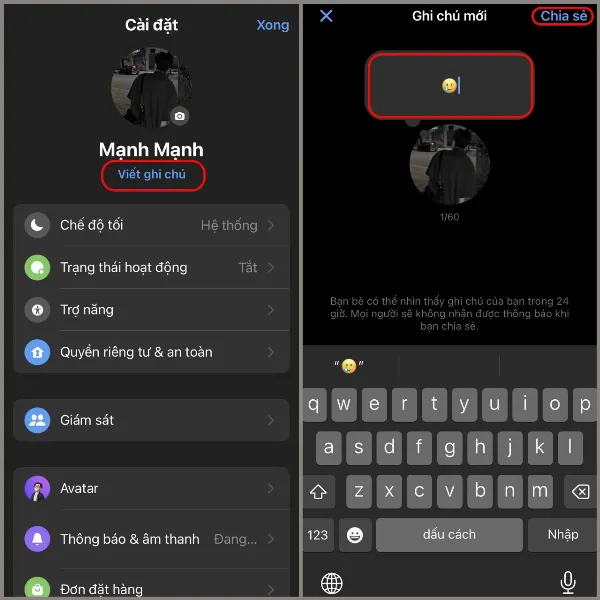 alt: Ảnh chụp màn hình điện thoại hiển thị menu cài đặt của ứng dụng Messenger, với mục "Viết ghi chú" được làm nổi bật.