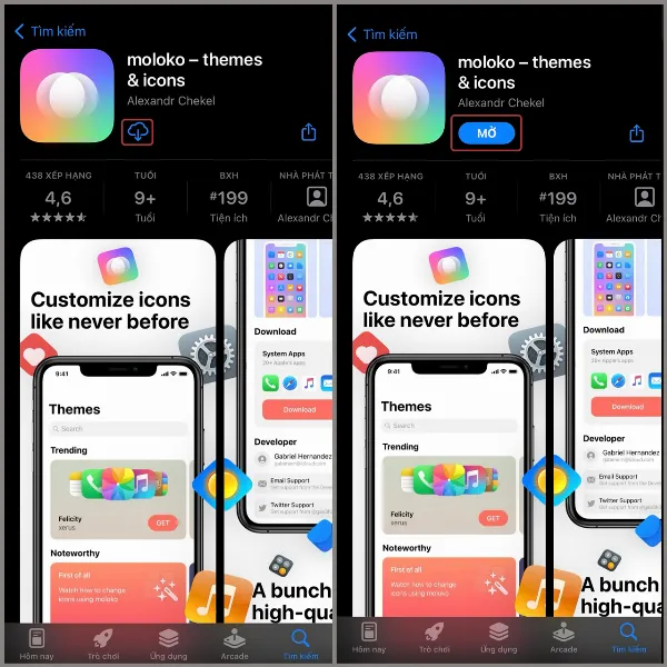 alt: Ảnh chụp màn hình điện thoại iPhone hiển thị giao diện App Store và kho ứng dụng Moloko đang được tải về, kèm theo biểu tượng của ứng dụng