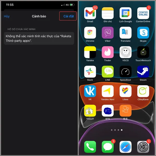 alt: Ảnh chụp màn hình iPhone hiển thị thông báo yêu cầu xác nhận cài đặt cấu hình, với nút "Cài đặt" để người dùng tiếp tục và hoàn tất quá trình thay đổi theme