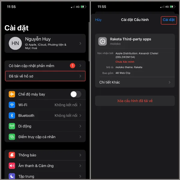 alt: Ảnh chụp màn hình phần "Cài đặt" trên iPhone, hiển thị mục "Đã tải về hồ sơ" và danh sách các cấu hình đã tải, cho phép người dùng chọn và cài đặt cấu hình theme mong muốn