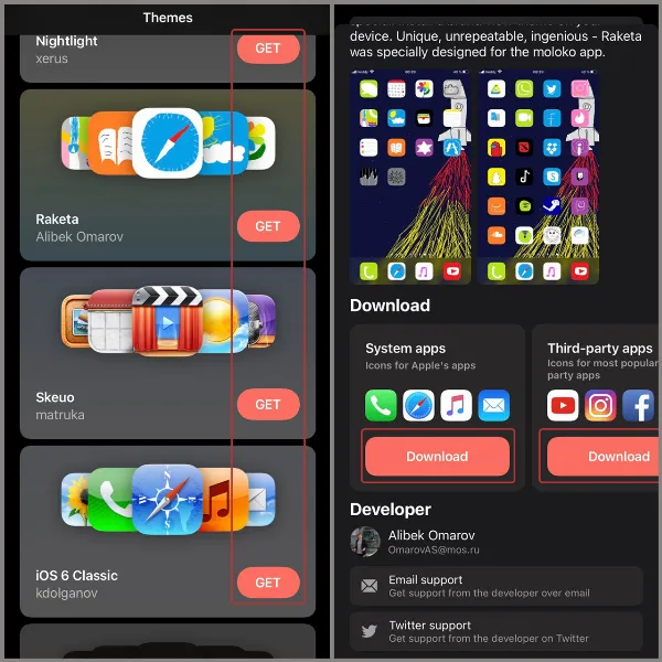 alt: Ảnh chụp màn hình ứng dụng Moloko trên iPhone, hiển thị nhiều theme để người dùng lựa chọn, cùng với nút "Get" để tải theme và các tùy chọn "Download" cho "System apps" và "Third-party apps"