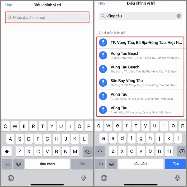 alt: Bàn phím iPhone hiển thị khi người dùng nhập tên địa điểm vào thanh tìm kiếm trong ứng dụng Ảnh