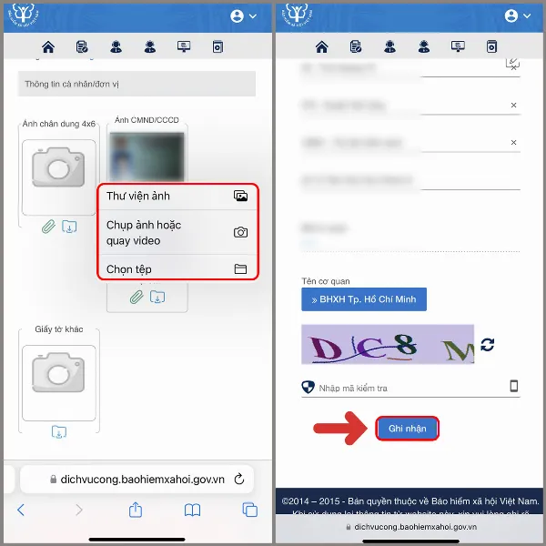 alt: Chi tiết các bước tải ảnh và xác nhận thay đổi thông tin CMND/CCCD