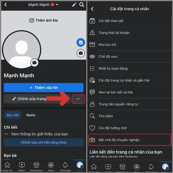 alt: Chọn biểu tượng ba chấm để mở tùy chọn trang cá nhân