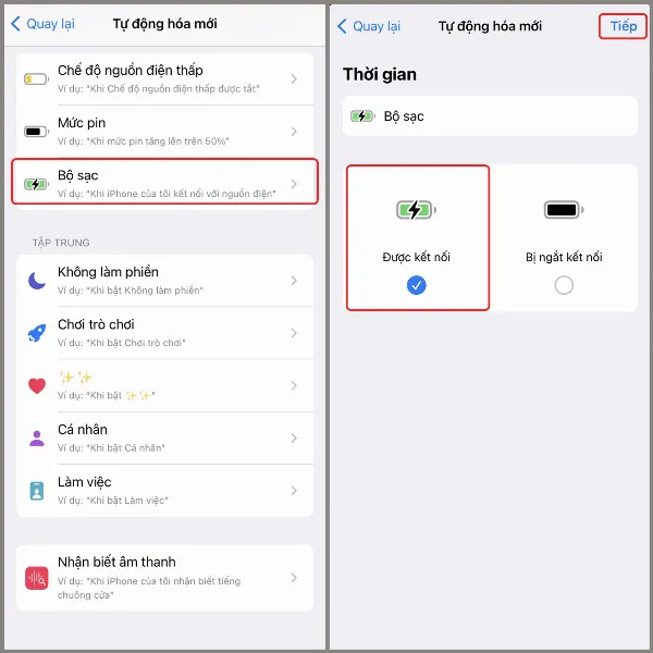 alt: Chọn bộ sạc làm điều kiện kích hoạt tự động hóa trên iPhone