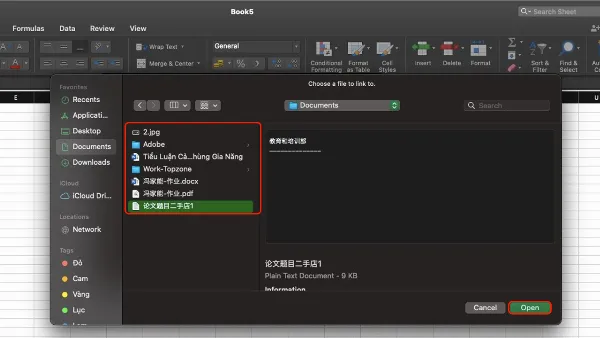 alt: Chọn tệp tin cần liên kết từ cửa sổ duyệt tệp tin