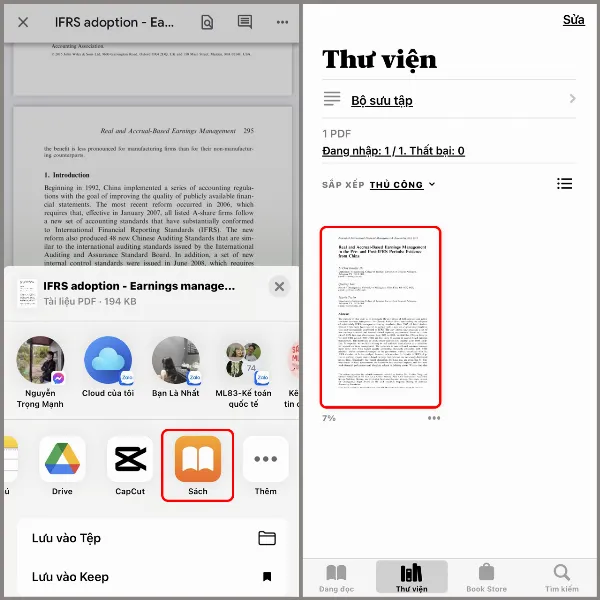 alt: Chọn ứng dụng Sách để mở file ebook từ Google Drive
