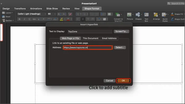 alt: Dán URL vào ô "Address" trong hộp thoại "Insert Hyperlink" của PowerPoint và nhấn OK