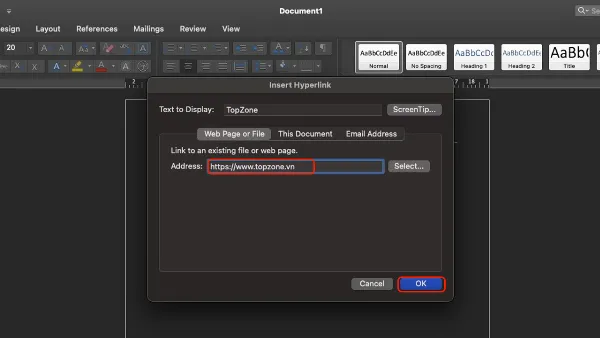 alt: Dán URL vào ô "Address" trong hộp thoại "Insert Hyperlink" và nhấn OK