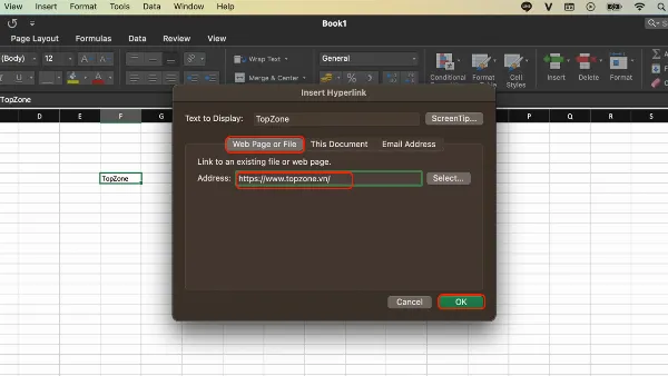 alt: Dán URL vào ô "Address" và nhấn OK để tạo liên kết trong Excel