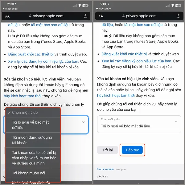 alt: Danh sách các lý do xóa tài khoản Apple ID, người dùng cần chọn một lý do và nhấn "Tiếp tục"
