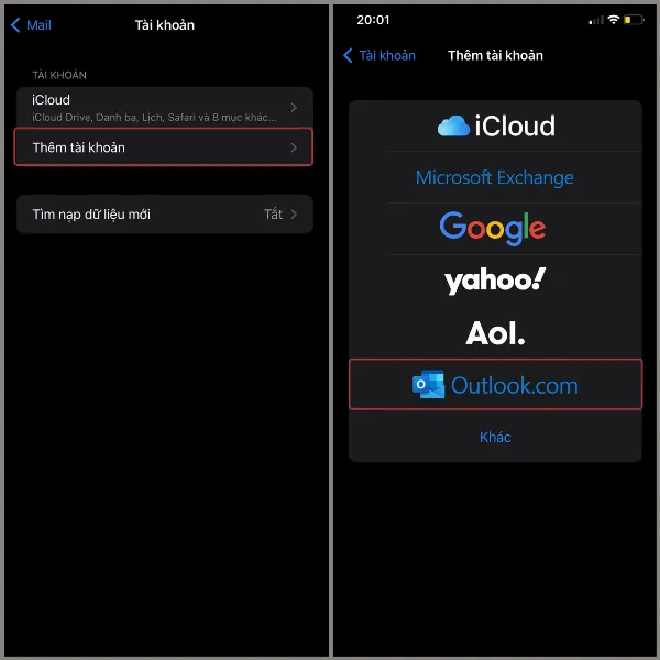 alt: Danh sách các nhà cung cấp dịch vụ email trên iPhone