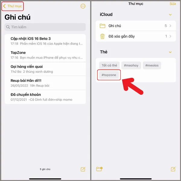 alt: Danh sách các thẻ tag đã tạo trong ứng dụng Ghi chú, người dùng nhấn vào thẻ tag để tìm kiếm ghi chú liên quan