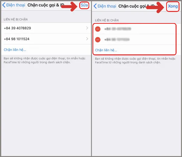 alt: Danh sách chặn cuộc gọi và tùy chọn chặn số điện thoại trên iPhone