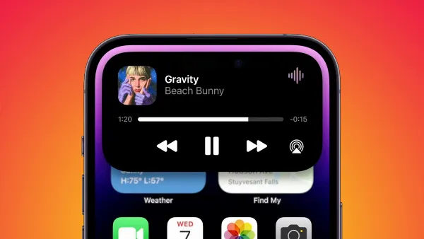 alt: Dynamic Island hiển thị trạng thái phát nhạc và cho phép điều khiển nhanh