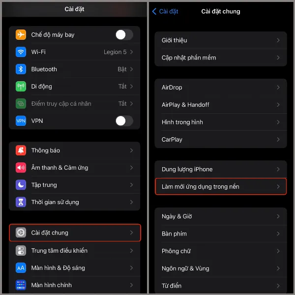 alt: Giao diện Cài đặt chung trên iPhone