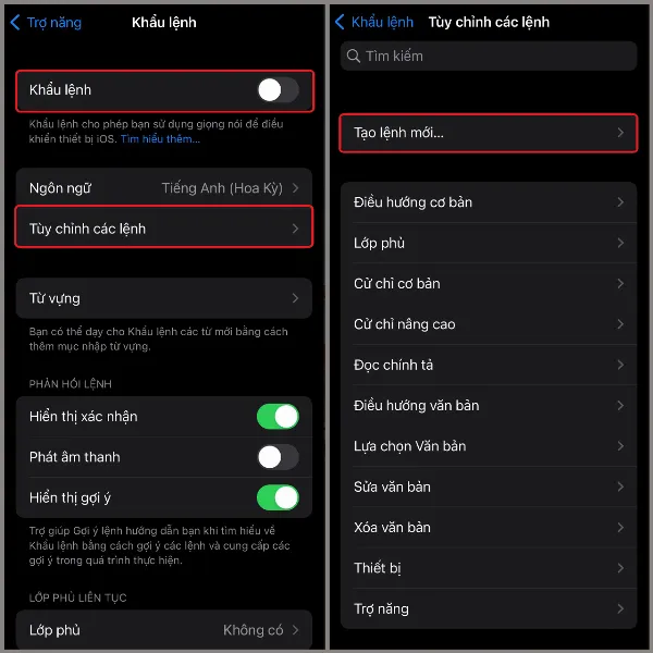 alt: Giao diện cài đặt Khẩu lệnh trên iPhone, cho phép bật tắt và tùy chỉnh các lệnh thoại