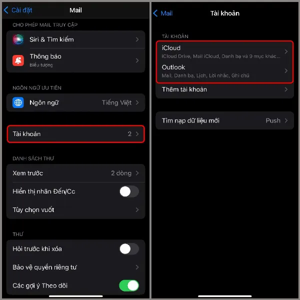alt: Giao diện cài đặt Mail, hiển thị danh sách các tài khoản email, người dùng chọn Gmail
