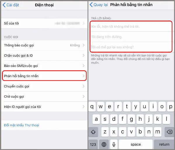 alt: Giao diện cài đặt phản hồi bằng tin nhắn trên iPhone