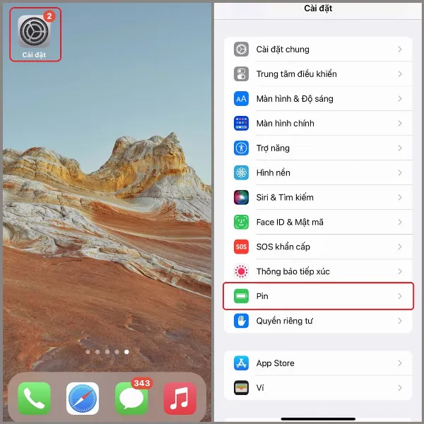 alt: Giao diện Cài đặt Pin trên iPhone, hiển thị các tùy chọn liên quan đến pin