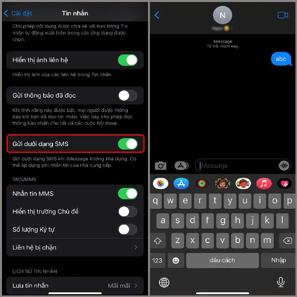 alt: Giao diện cài đặt Tin nhắn trên iPhone, với tùy chọn Gửi dưới dạng SMS đang được bật, cho phép gửi tin nhắn SMS khi iMessage không khả dụng