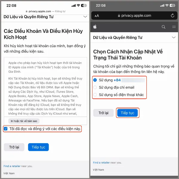 alt: Giao diện chọn lý do và xác nhận hủy kích hoạt tài khoản Apple ID