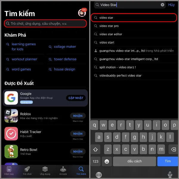 alt: Giao diện của ứng dụng App Store, ô tìm kiếm đang hiển thị với nội dung "Video Star"