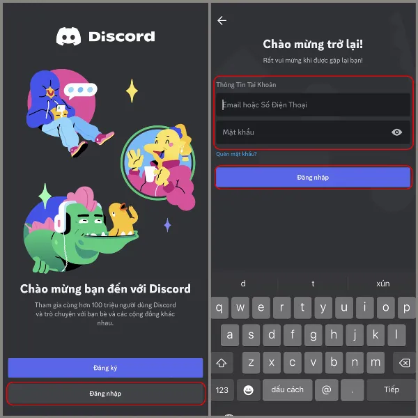 alt: Giao diện đăng nhập của ứng dụng Discord trên điện thoại, yêu cầu người dùng nhập email hoặc số điện thoại và mật khẩu