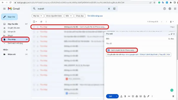 alt: Giao diện Gmail trên trình duyệt web hiển thị thư mục Thư nháp, chứa email có file đính kèm cần tải về