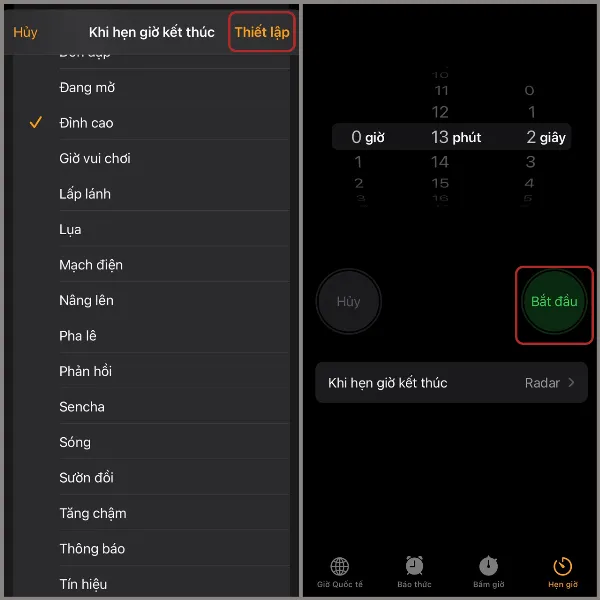 alt: Giao diện hẹn giờ trên iPhone với nút Bắt đầu màu xanh lá cây nổi bật, cho phép người dùng kích hoạt bộ đếm thời gian