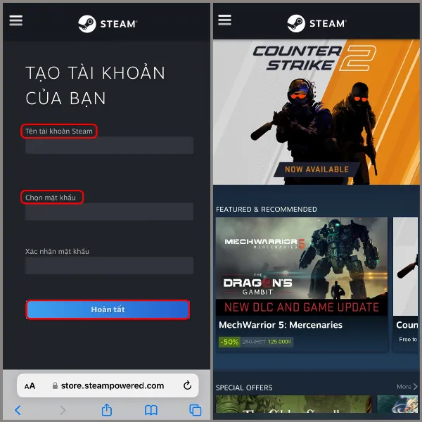 Cách tạo tài khoản Steam nhanh chóng và đơn giản, giúp bạn mua các trò chơi bản quyền với giá cực rẻ 5 alt: Giao diện hoàn tất đăng ký tài khoản Steam, yêu cầu nhập tên tài khoản và mật khẩu